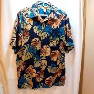 Kona Kai Trading Co Hawaiian Shirt Mens M Navy Floral Aloha Palm‎ Silk/Cotton